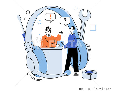 Two men discussing technical issues inside a giant headset vector illustration. Customer service, technical support, online help, repair, call center, troubleshooting. Support agents talking Two men discussing technical issues inside a giant headset vector illustration. Customer service, technical support, online help, repair, call center, troubleshooting. Support agents talking 139518487