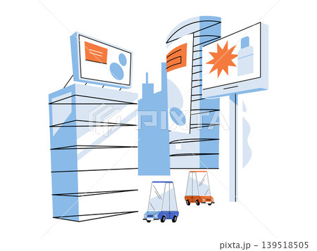 City skyline with billboards and cars vector illustration. Marketing strategy, urban environment, commercial advertising, brand visibility, city life, outdoor media. Metro town with signs City skyline with billboards and cars vector illustration. Marketing strategy, urban environment, commercial advertising, brand visibility, city life, outdoor media. Metro town with signs 139518505