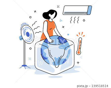 Woman cooling a melting planet globe vector illustration. Global warming, climate change, ecology, environment, save earth, overheating crisis. Female character freezing the world sphere 139518514
