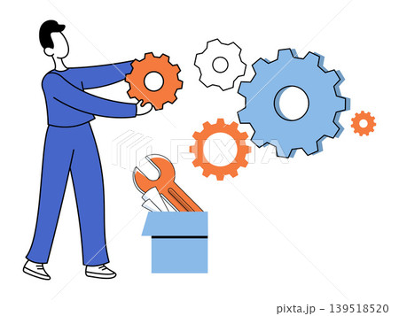 Man holding a gear near a toolbox vector illustration. Technical support, industrial maintenance, problem solving, repair, optimization, engineering. Technician with a cogwheel and tool kit. Man holding a gear near a toolbox vector illustration. Technical support, industrial maintenance, problem solving, repair, optimization, engineering. Technician with a cogwheel and tool kit. 139518520