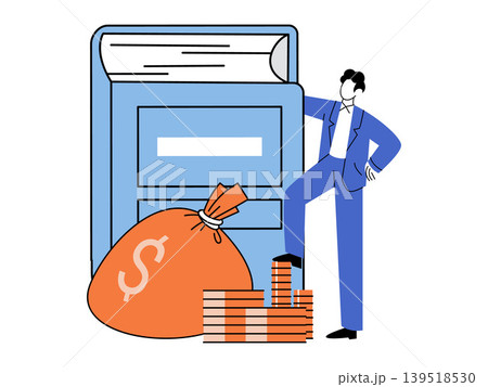 Businessman standing by a book and money bag vector illustration. Financial law, wealth management, business education, legal advice, accounting, investment. Professional male with manual and currency Businessman standing by a book and money bag vector illustration. Financial law, wealth management, business education, legal advice, accounting, investment. Professional male with manual and currency 139518530