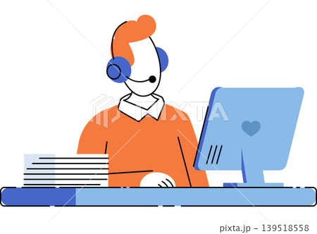 Male call center operator with headset and computer monitor vector illustration. Customer support, help desk, telemarketing, remote work, online assistance, communication. Support agent at desk. Male call center operator with headset and computer monitor vector illustration. Customer support, help desk, telemarketing, remote work, online assistance, communication. Support agent at desk. 139518558