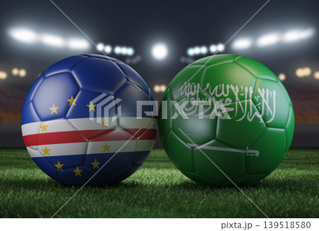 Two soccer balls in flags colors on a stadium blurred background. Cabo Verde vs Saudi Arabia. 3D image. Two soccer balls in flags colors on a stadium blurred background. Cabo Verde vs Saudi Arabia. 3D image. 139518580