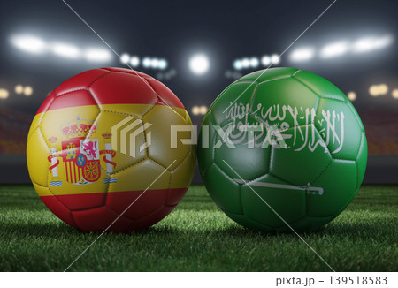 Two soccer balls in flags colors on a stadium blurred background. Spain vs Saudi Arabia. 3D image. 139518583