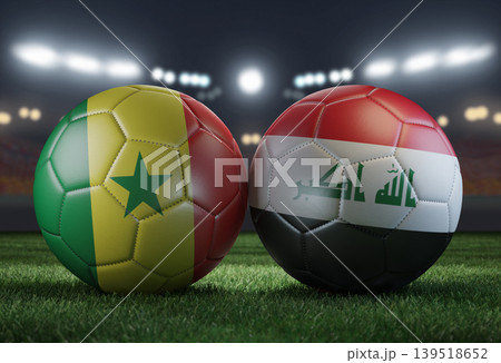 Two soccer balls in flags colors on a stadium blurred background. Senegal vs Iraq. 3D image. 139518652
