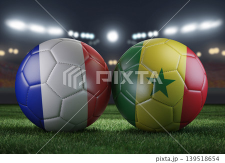 Two soccer balls in flags colors on a stadium blurred background. France vs Senegal. 3D image. Two soccer balls in flags colors on a stadium blurred background. France vs Senegal. 3D image. 139518654