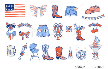 Hand drawn vintage icons set for 4th of July. US Independence Day vector illustration and graphic Hand drawn vintage icons set for 4th of July. US Independence Day vector illustration and graphic 139518680