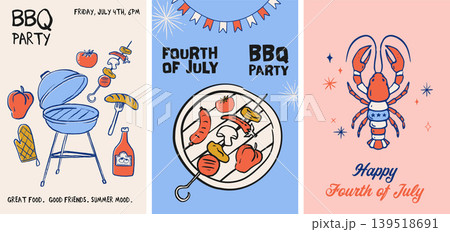 Hand drawn vintage posters, cards, fliers and banners for 4th of July BBQ party. US Independence Day 139518691