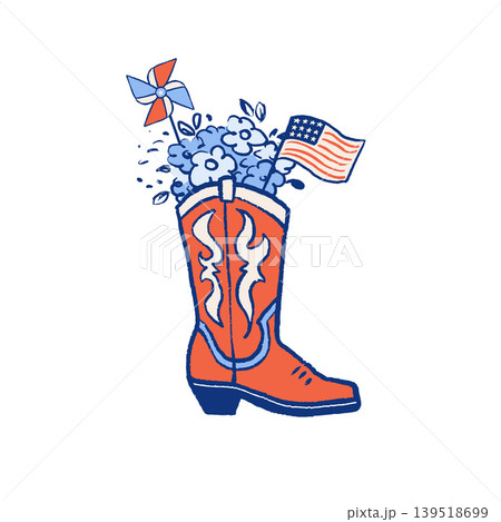 Hand drawn cowboy boot with American flag illustration for 4th of July designs. US Independence Day 139518699