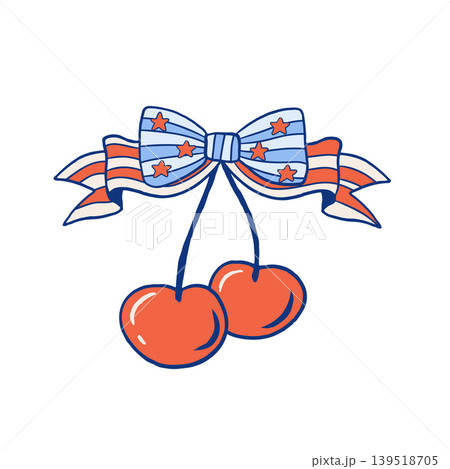 Hand drawn American flag striped ribbon bow and cherries illustration for 4th of July designs Hand drawn American flag striped ribbon bow and cherries illustration for 4th of July designs 139518705