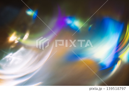 Abstract colorful light reflections creating a dynamic swirl pattern with vibrant hues of blue, purple, and yellow on a blurred background 139518797