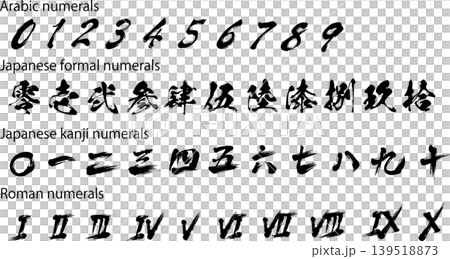 筆文字の数字素材（アラビア数字、大字、漢数字、ローマ数字） 139518873