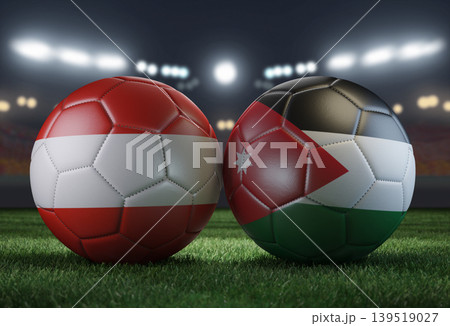 Two soccer balls in flags colors on a stadium blurred background. Austria vs Jordan. 3D image. Two soccer balls in flags colors on a stadium blurred background. Austria vs Jordan. 3D image. 139519027