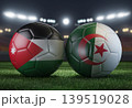 Two soccer balls in flags colors on a stadium blurred background. Jordan and Algeria. 3D image. 139519028
