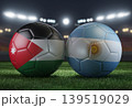 Two soccer balls in flags colors on a stadium blurred background. Jordan vs Argentina. 3D image. 139519029