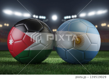 Two soccer balls in flags colors on a stadium blurred background. Jordan vs Argentina. 3D image. Two soccer balls in flags colors on a stadium blurred background. Jordan vs Argentina. 3D image. 139519029