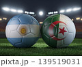 Two soccer balls in flags colors on a stadium blurred background. Argentina vs Algeria. 3D image. 139519031
