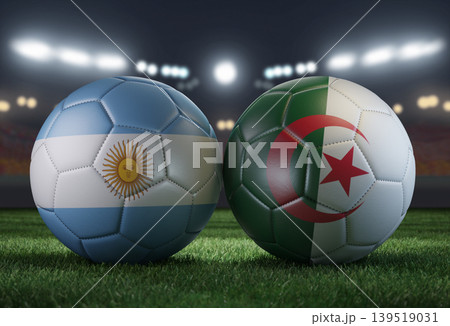 Two soccer balls in flags colors on a stadium blurred background. Argentina vs Algeria. 3D image. Two soccer balls in flags colors on a stadium blurred background. Argentina vs Algeria. 3D image. 139519031