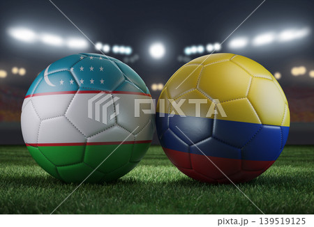 Two soccer balls in flags colors on a stadium blurred background. Uzbekistan vs Colombia. 3D image. Two soccer balls in flags colors on a stadium blurred background. Uzbekistan vs Colombia. 3D image. 139519125