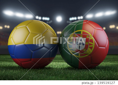 Two soccer balls in flags colors on a stadium blurred background. Colombia vs Portugal. 3D image. Two soccer balls in flags colors on a stadium blurred background. Colombia vs Portugal. 3D image. 139519127