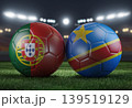 Two soccer balls in flags colors on a stadium blurred background. Portugal vs DR Congo. 3D image. 139519129