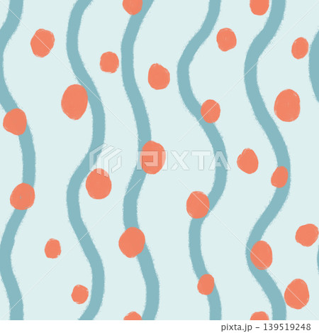 Hand drawn seamless wavy stripe pattern with coral orange polka dots on light blue background digital paper. Hand drawn seamless wavy stripe pattern with coral orange polka dots on light blue background digital paper. 139519248