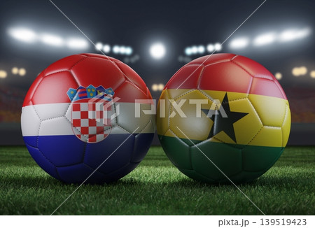 Two soccer balls in flags colors on a stadium blurred background. Croatia vs Ghana. 3D image. Two soccer balls in flags colors on a stadium blurred background. Croatia vs Ghana. 3D image. 139519423