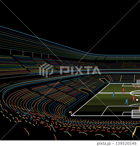 Minimalist soccer stadium in match day colorful lines on black background square template have blank space. Minimalist soccer stadium in match day colorful lines on black background square template have blank space. 139520148