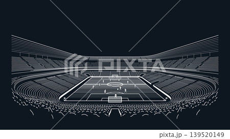Minimalist soccer stadium in match day white lines on dark blue background have blank space. 139520149
