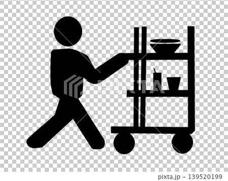 Icon of a staff member pushing a serving cart. Icon of a staff member pushing a serving cart. 139520199