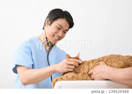 猫を診察し微笑む男性獣医師 動物医療イメージ 猫を診察し微笑む男性獣医師 動物医療イメージ 139520569