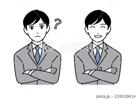 腕組みをして考えるスーツ姿の若い男性のイラストセット　モノトーン 139520614