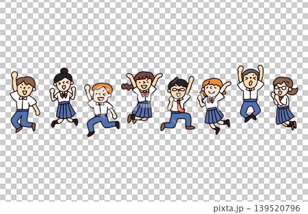 An illustration of students in short-sleeved uniforms jumping. An illustration of students in short-sleeved uniforms jumping. 139520796