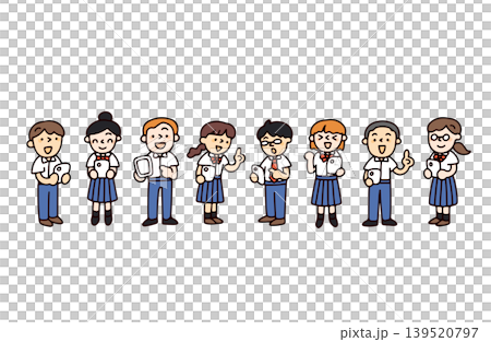 插圖描繪了身穿短袖校服的學生使用智慧型手機的場景。 插圖描繪了身穿短袖校服的學生使用智慧型手機的場景。 139520797