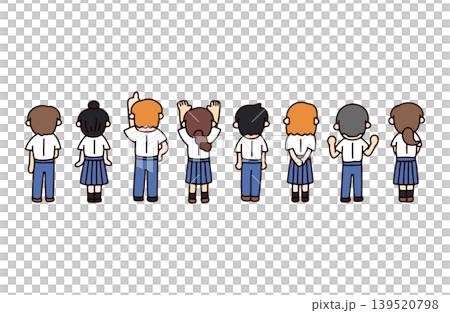 An illustration of a student in a short-sleeved uniform, seen from behind. An illustration of a student in a short-sleeved uniform, seen from behind. 139520798