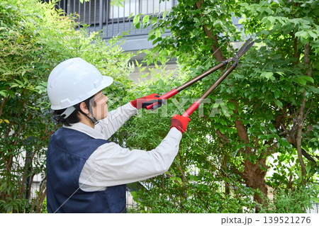 庭木を剪定する男性作業員 庭木を剪定する男性作業員 139521276