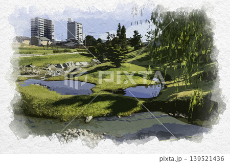水彩画風　大分　大友氏館跡庭園　大分県大分市 139521436