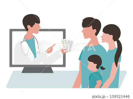 オンライン診療の女の子と両親・薬の説明をする医師のベクターイラスト素材 オンライン診療の女の子と両親・薬の説明をする医師のベクターイラスト素材 139521446