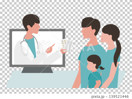 オンライン診療の女の子と両親・薬の説明をする医師のベクターイラスト素材 オンライン診療の女の子と両親・薬の説明をする医師のベクターイラスト素材 139521446