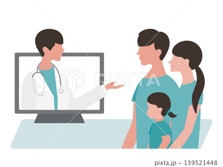 オンライン診療の女の子と両親・医療説明をする医師のベクターイラスト素材 オンライン診療の女の子と両親・医療説明をする医師のベクターイラスト素材 139521448