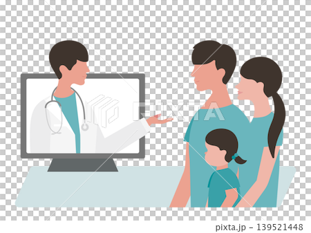 オンライン診療の女の子と両親・医療説明をする医師のベクターイラスト素材 オンライン診療の女の子と両親・医療説明をする医師のベクターイラスト素材 139521448