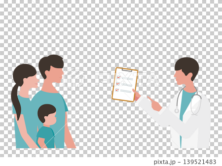男孩、他的父母和醫生向他們展示一份檢查清單的向量插圖。 男孩、他的父母和醫生向他們展示一份檢查清單的向量插圖。 139521483