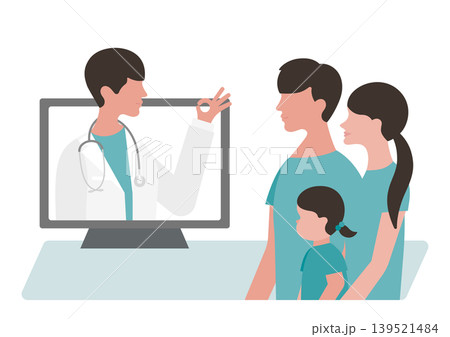オンライン診療の女の子と両親・OKサインをする医師のベクターイラスト素材 139521484