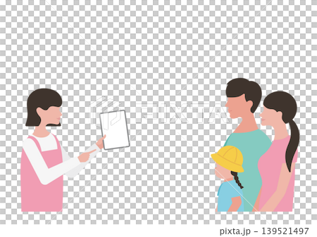Vector illustration of a childcare worker and her family explaining something on a tablet (girl) Vector illustration of a childcare worker and her family explaining something on a tablet (girl) 139521497