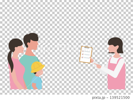 Vector illustration of a childcare worker and family member explaining a checklist (boy) Vector illustration of a childcare worker and family member explaining a checklist (boy) 139521500