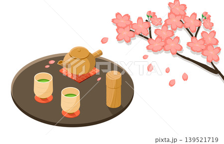 桜の木の下で楽しむ日本茶と急須のお花見イメージイラスト 139521719