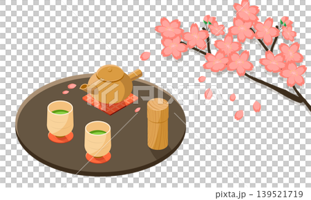 桜の木の下で楽しむ日本茶と急須のお花見イメージイラスト 139521719