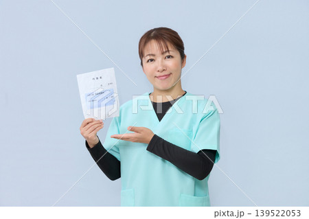お薬手帳を案内する女性医療スタッフ お薬手帳を案内する女性医療スタッフ 139522053