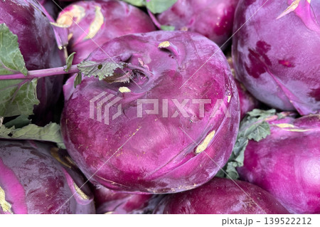 Fresh purple kohlrabi vegetables at market Fresh purple kohlrabi vegetables at market 139522212