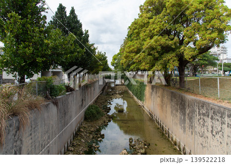 住宅街を通る両側に木を植えられた水位の低い直線の川 住宅街を通る両側に木を植えられた水位の低い直線の川 139522218